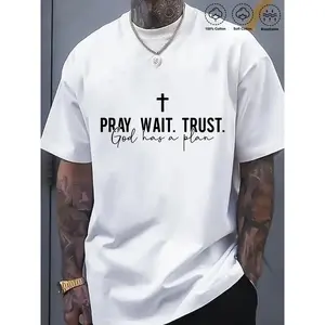 Men'S Plus Size "PRAY. Wait. Trust" Cotton T-Shirt - Vintage Style, Soft & Breathable, Short Sleeve, Round Neck, Black with White Cross Design, Perfect for Church Outfits, Daily Wear & Work, Ideal Gift, Breathable Clothing |   Vintage Style Tee
