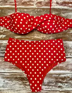 Red Polka Dot Bikini Set - 2 Piece Twist Front Top & High Waist Bottom for Women"