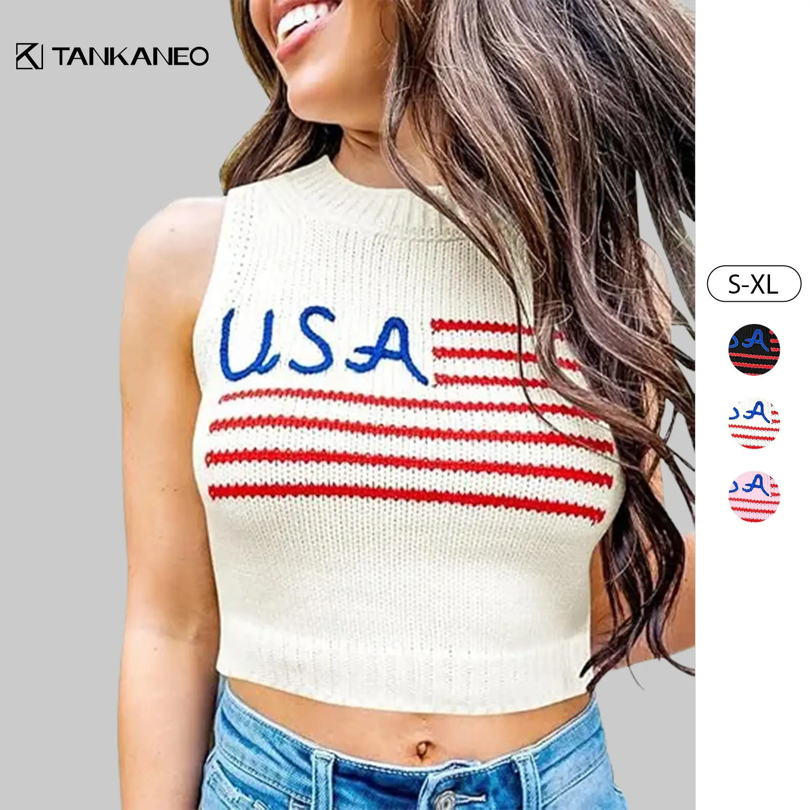 Tankaneo Womens American Flag Crop Tank Tops High Neck 4th of July Patriotic Summer Sleeveless Shirts Sweater Vest