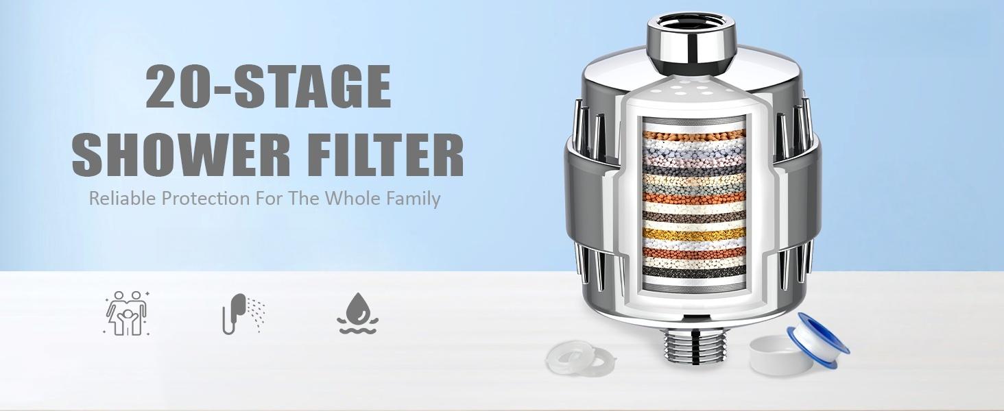 Shower Filter, 20 Stage Shower Head Filter for Hard Water with High Output Shower Water Filter to Remove Chlorine, Fluoride and Other Impurities, Improves Skin Condition, Protects Hair