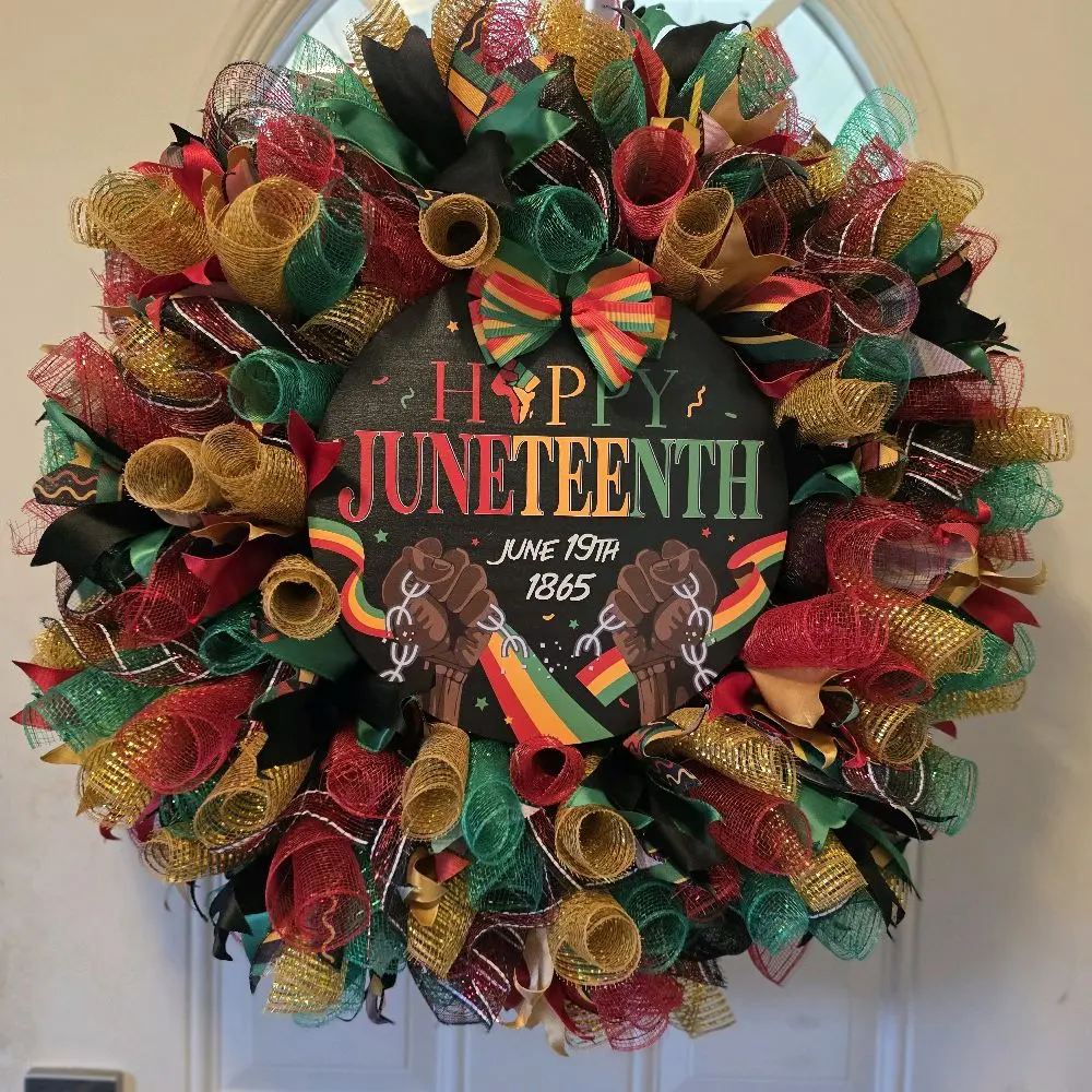 Juneteenth Wreath Custom Made, Handmade with Decorative Elements and "HAPPY JUNEEENTH 1865" Design