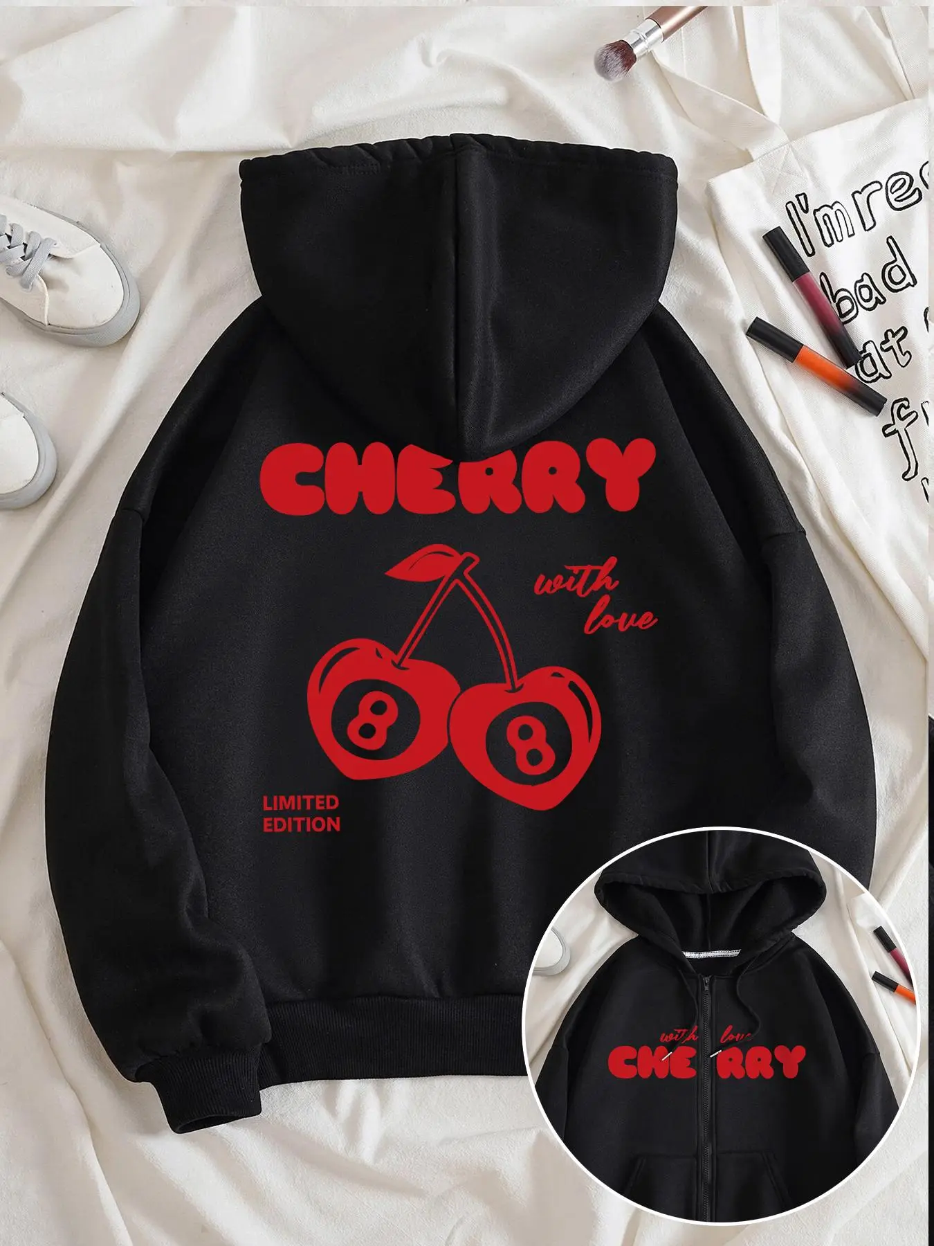 Women's Cherry Print Zip Up Hoodie, Casual Long Sleeve Graphic Hoodies for Fall & Winter, Women's Clothes for Daily Wear, Womenswear