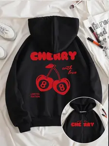 Women's Cherry Print Zip Up Hoodie, Casual Long Sleeve Graphic Hooded Sweatshirt for Fall & Winter, Women's Clothes for Daily Wear, Womenswear