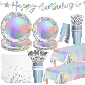 Iridescent Party Decorations, Pink Iridescent Birthday Decorations, Paper Plate, Napkin, Cup, Tablecloth, Banner, Holographic Metallic  Theme Birthday Party Supplies, Serves 24