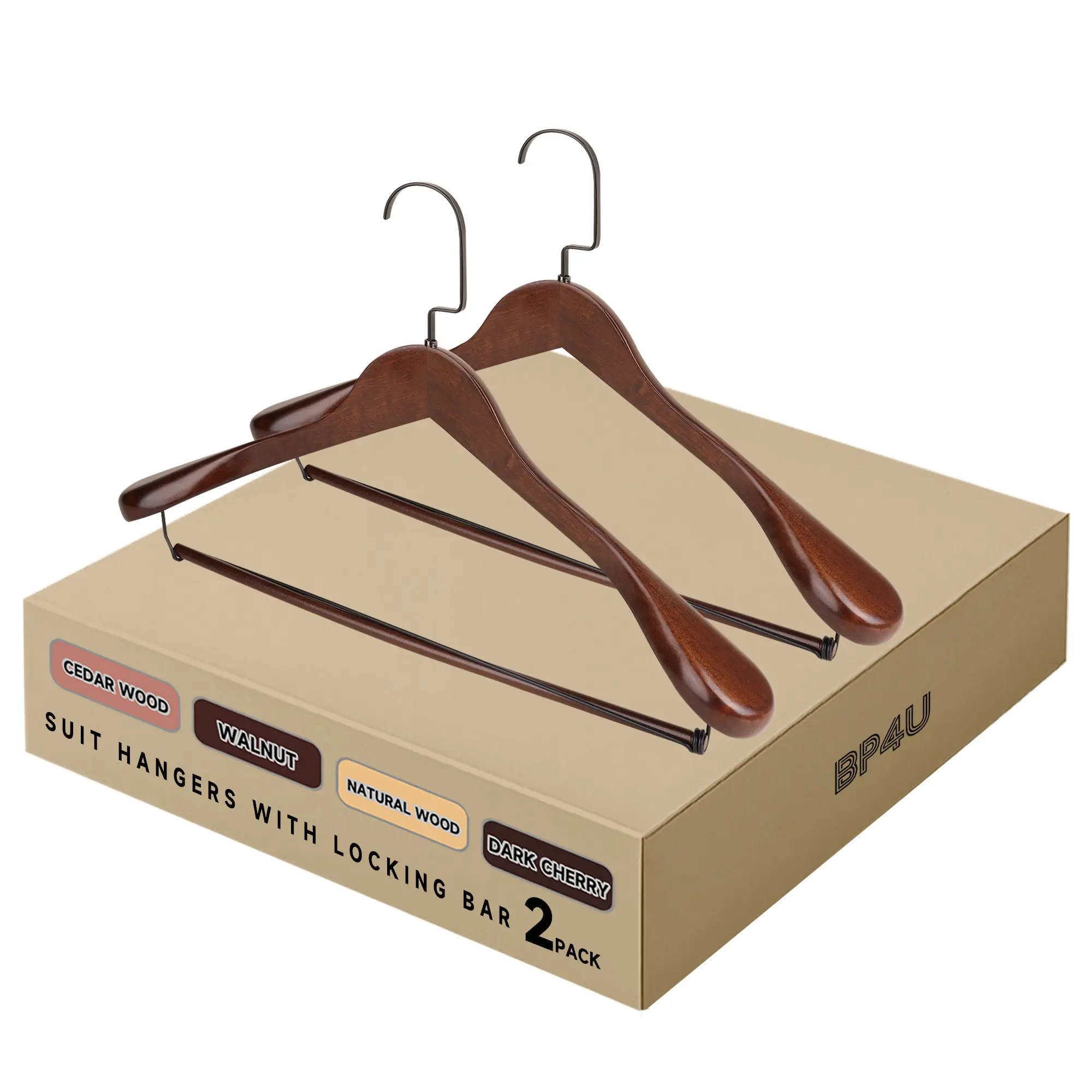 Premium Wide Shoulder Wooden Suit Hangers, Heavy-Duty Non-Slip Solid Wood Coat Hangers with Locking Bar for Suits & Coats