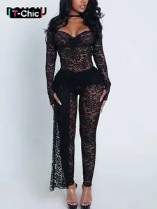 DOUCIU Solid Color Tight-Fitting Sexy Hot Versatile Street Style Corset Style Cool Women'S Thin Lace See-Through Long-Sleeved Bodysuit And Pants Two-Piece Set Womenswear