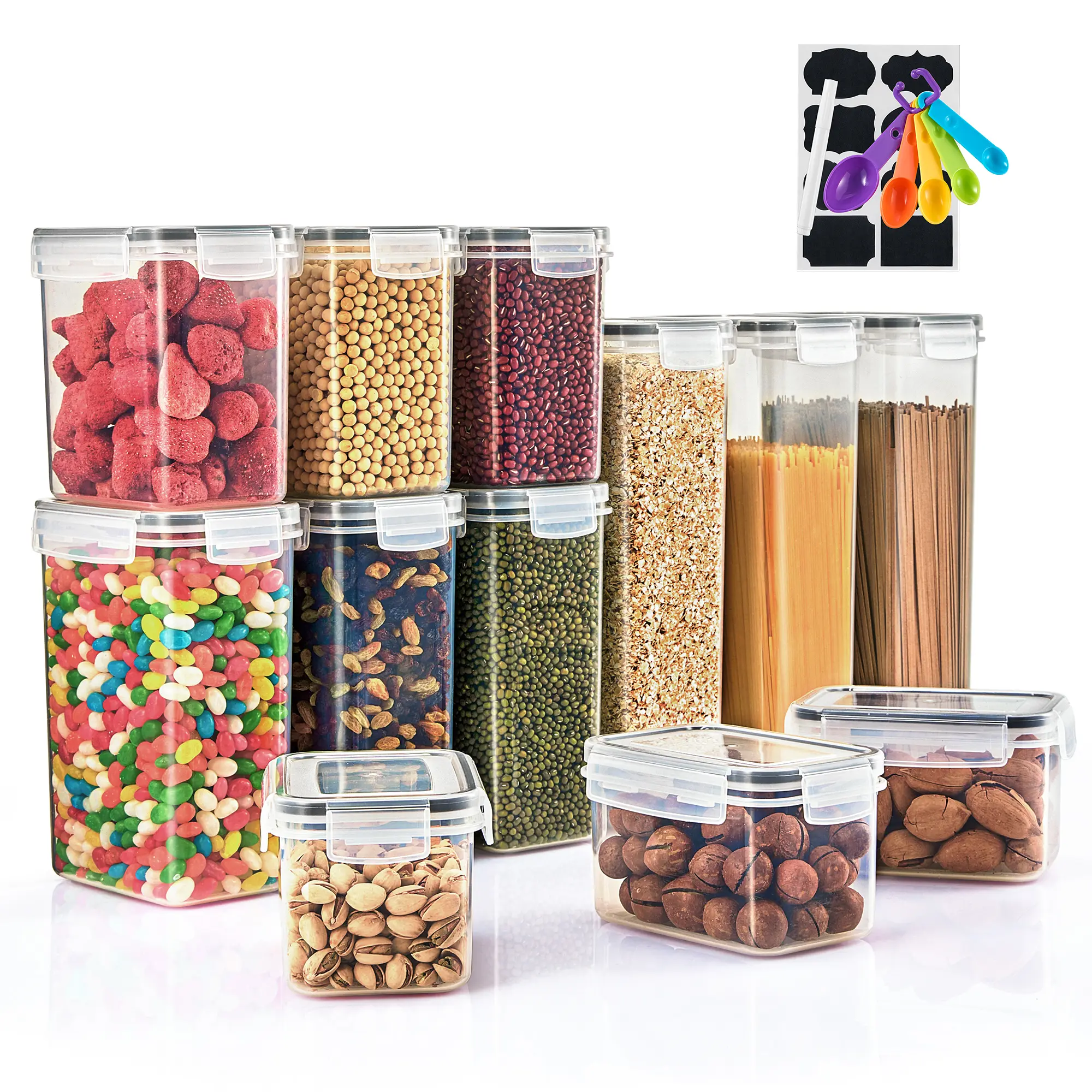 Sorbus Airtight Plastic Canister Storage Set - 12-Piece Multi-Size Rectangular Stackable Plastic Jar Set with Lids, Labels, Marker, Measuring Spoons (3 Tall, 3 Medium) for Kitchen Pantry, Baking Supplies Organizer Bins