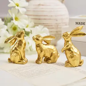 3 Resin Gold Easter Bunny Statues - Small Ornaments for Tabletop Centerpieces, Indoor Spring Easter Mantle Home Decor Figurines