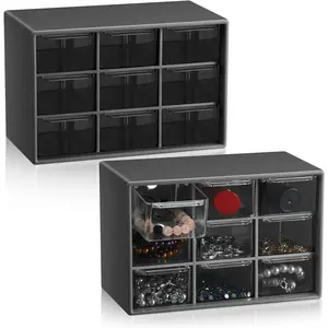 2 Pcs Mini Storage Drawers Teacher Toolbox Organizer with 9 Clear Drawers Small Plastic Desktop Craft Organizer for Classroom Office 7" x 3.9" x 4.7"(Black)