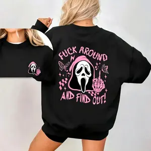 Scream Skeleton Spooky Fck Around And Find Out Sweatshirt, 2 Side Halloween Ghost Face Hoodie, Fall Tee, Coffee Lover Fall Tee, Halloween Casual Sweatshirt Hooded Outfiter Gift For Best Friend HusBand Wife