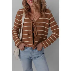 Chestnut Tie Front Striped Knit V Neck Cardigan Sweater