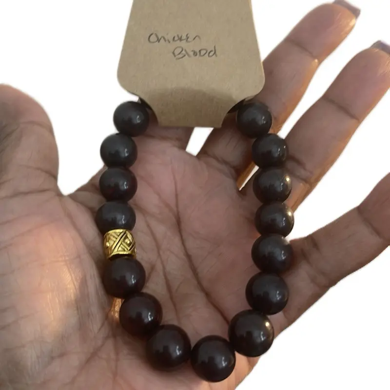 Men's Chicken Blood Bracelet - Simple Design with Dark Beads and Gold Accent