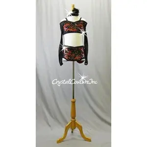 Black Lace and Orange Lycra Top & Trunks with Black Mesh Sleeves - Swarovski Rhinestones