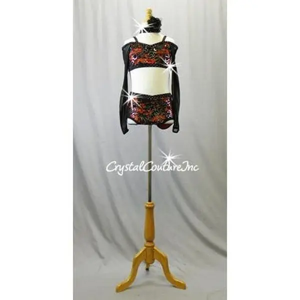 Black Lace and Orange Lycra Top & Trunks with Black Mesh Sleeves - Swarovski Rhinestones
