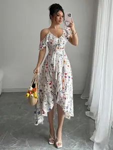 Women's Floral Print Dress, Elegant Fashion Casual Butterfly Sleeve Dress for Daily Outdoor Wear, Women Dress for Summer