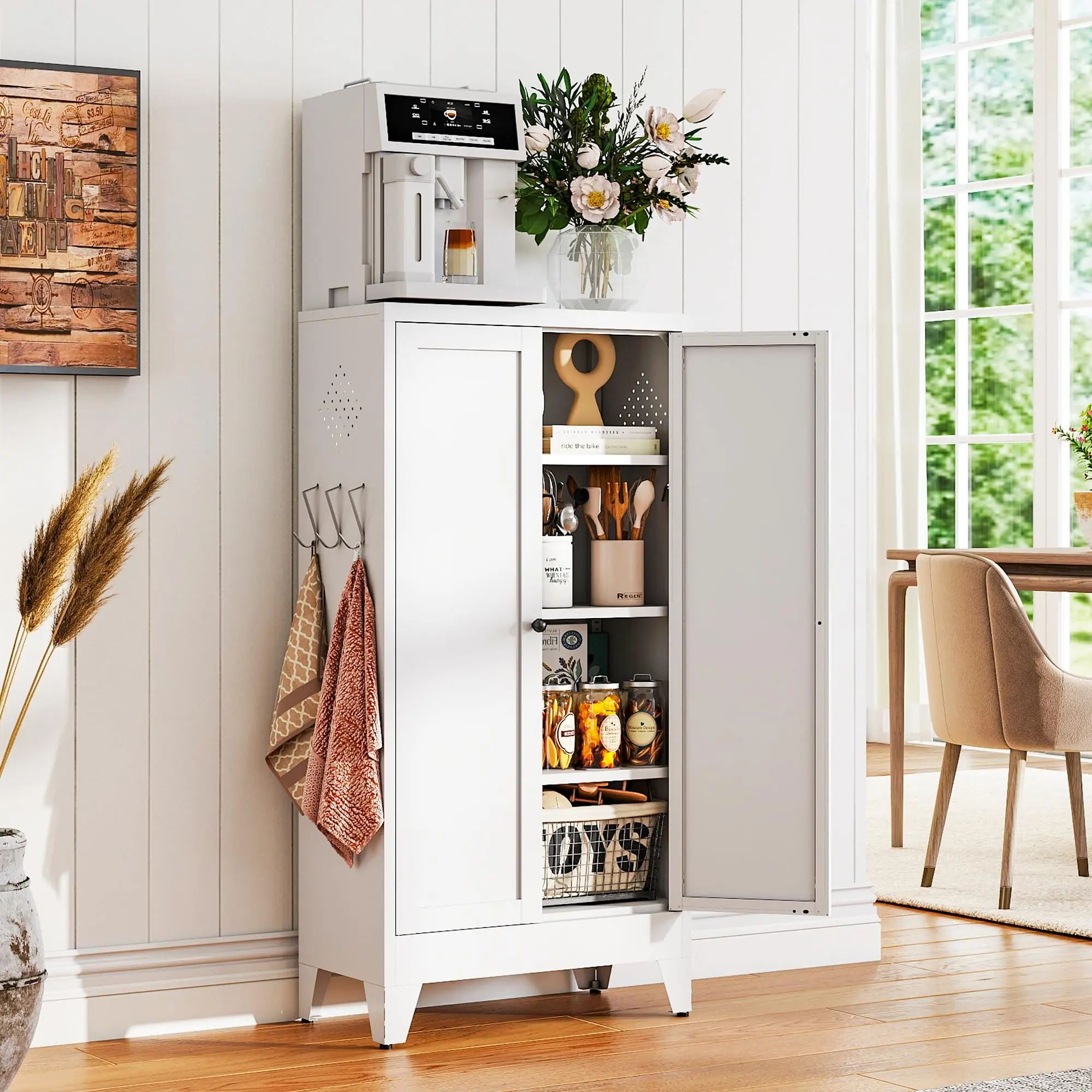 Sturdy Durable Metal Pantry Cabinet - 47in 100cm & Above Kitchen Storage Cabinet with 2 Doors, 12in & Above Adjustable Shelves, White & Black Handles, Assembly Required for Kitchen, Bathroom, 100 Cm And Above