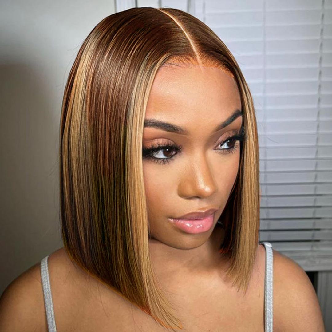 [Only 14'']Alipearl Hair Glueless Highlight Short Bob Wig Straight 7x4 Lace Closure Bob Wig Ready to Go Pre Cut Pre Plucked Human Hair TikTokShopBacktoSchool