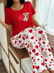 Women's Short Sleeve Long Pants Sleepwear Pajama Set Heart Cartoon Bear Casual Home Wear Spring Summer Fall Round Neck Ladies Set Pyjamas Pjs Loungewear Homewear