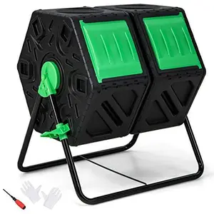 37-Gallon Dual-Chamber Outdoor Compost Bin, 360° Rotating Composter with Included Gloves and Tools, Efficient Aeration Vents for Fast Decomposition, Sturdy Steel Frame and Weather-Resistant PP Plastic Construction