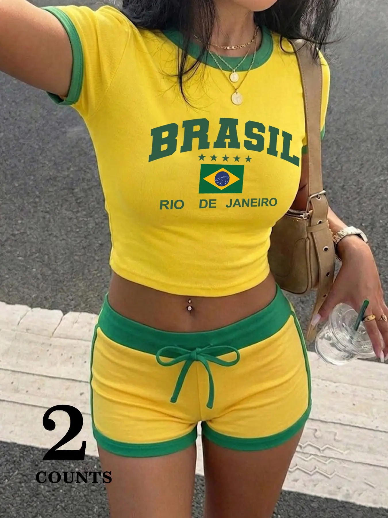 Women's Short Sleeve Shorts Set Outfit, Casual Fashion Set, Letter Print Brazilian Pattern, Colorblock Design, Casual Sporty, Street Style, Streetwear, Trendy, Classic, Urban, Womenswear