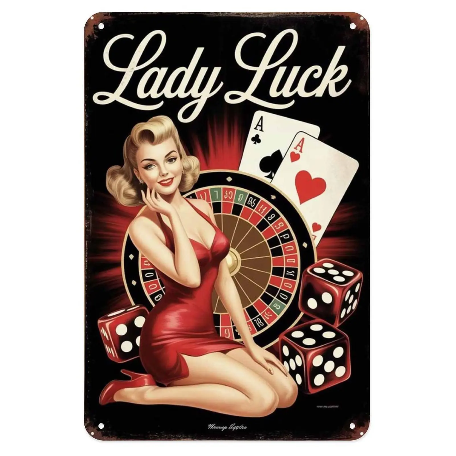 Lady Luck PinUp Girl Casino Tin Sign, Vintage Gambling PinUp Metal Sign Print Wall Decor for Home Bar Cafe Kitchen, 8 X 12 in