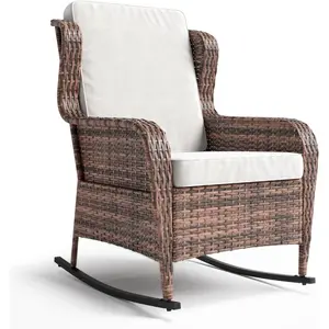 Outdoor Wicker Rocking Chair,1 Piece Outdoor Rocking Chair,All Weather High Back Rattan Chairs with High Back&Deep Seating for Deck Porch Balcony Backyard Garden,Brown Rattan & White Cushion