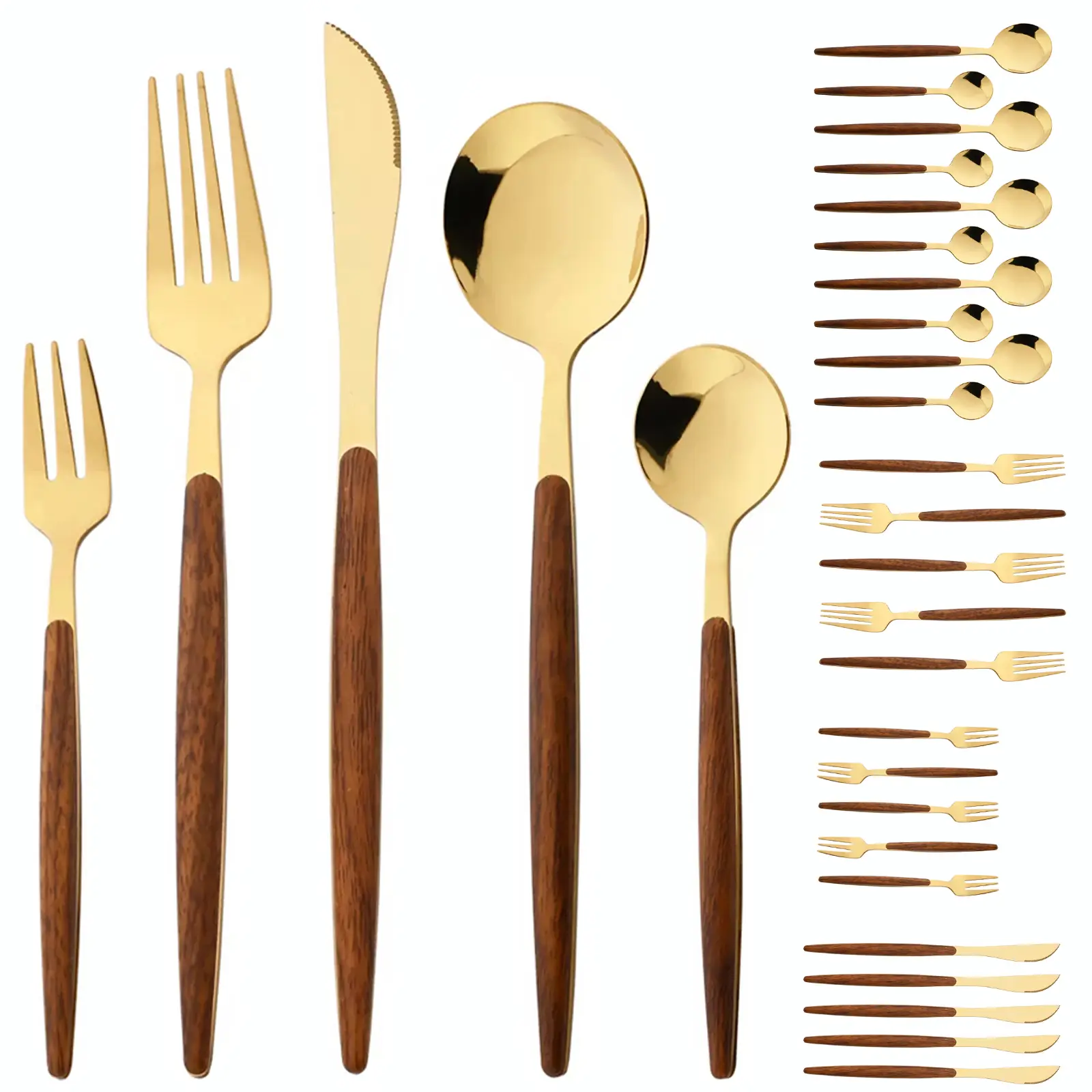 20 Pieces Wood Stainless Steel Cutlery Set Wooden Handle Flatware Set Knife Fork Spoon, Kitchen Utensil Service for 4, Mirror Polished