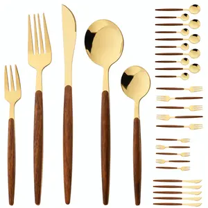 20 Pieces Wood Stainless Steel Cutlery Set Wooden Handle Flatware Set Knife Fork Spoon, Kitchen Utensil Service for 4, Mirror Polished