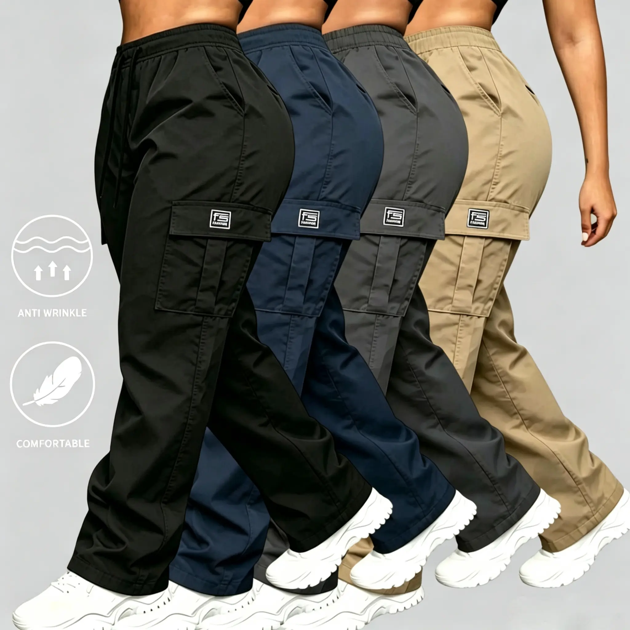 Women's Wide-Leg Cargo Pants - Casual Workwear Style with Adjustable Drawstring Waist, Comfortable Straight-Cut Bottoms, Fitted, Loose, Slimming, Fabric, Breathable, Women's Clothes, Pants For Women