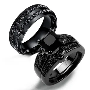 Double Row Black Diamond Ring Black Gold Filled Couple Ring High-Quality Stainless Steel Geometric Design 9g