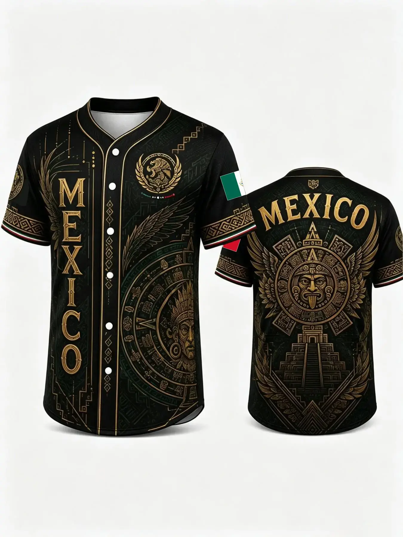 Men's Mexico-Inspired Baseball Jersey with Aztec Sun Graphic, Pearl Weave Button-Up Short Sleeve Top, Lightweight Unisex Wear for Game Day Watch Party, Short Sleeve Tops, Sporty Chic