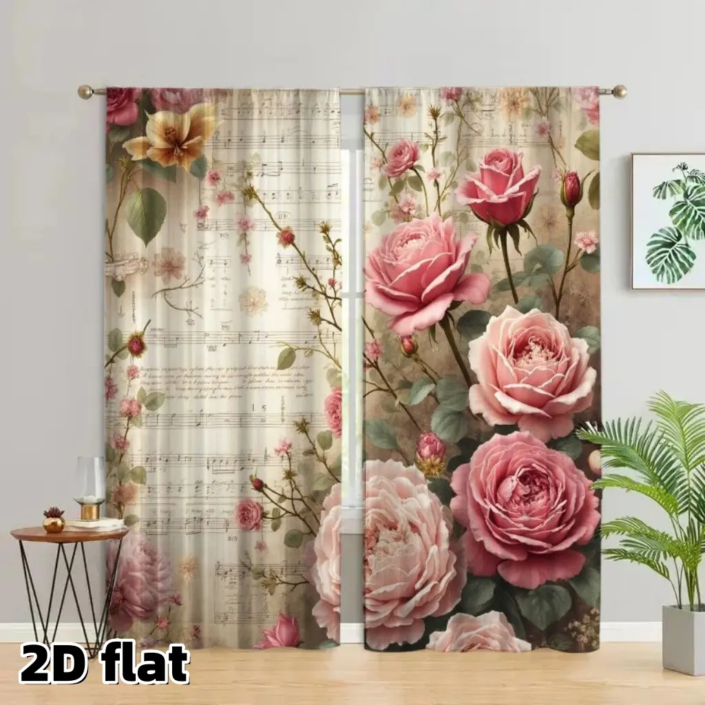 2D Flat 2Pcs Vintage Floral Rose Curtains with Music Notes, Romantic Pink Flowers Pattern, Rod Pocket Style, Semi Shading Polyester Fabric, for Living Room Bedroom Window Treatment, Home Decor, Easy to Clean and Install, Home Decoration Curtain