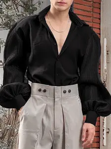INCERUN Men's Fashion Textured Vertical Stripe Bubble Sleeve Patchwork Shirt, Stylish and Comfortable, Perfect for Daily Wear