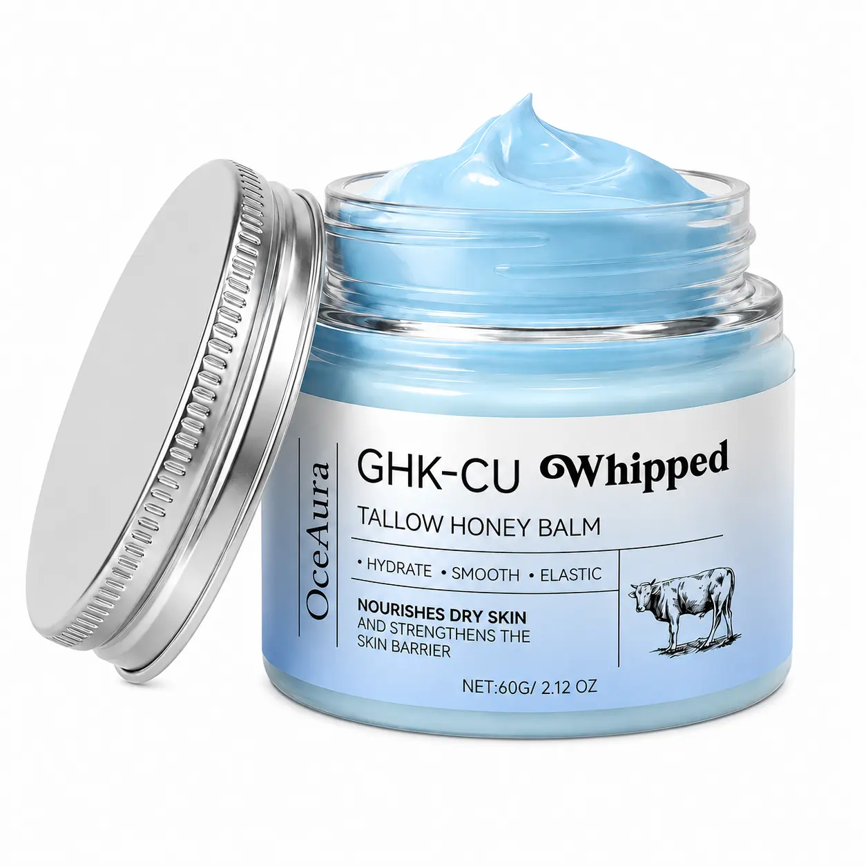 OCEAURA 60g Beef Tallow Honey Balm with GHK-Cu - Alcohol-Free Whipped Face and Body Moisturizer, Deeply Hydrates Dry Skin Daily Care for Face, Hands, Neck