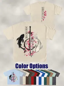 Samurai Sword Graphic Print T-Shirt, Japanese Ukiyo-E High Street Vintage Short Sleeve, Unisex Casual Loose Fit Round Neck Tee