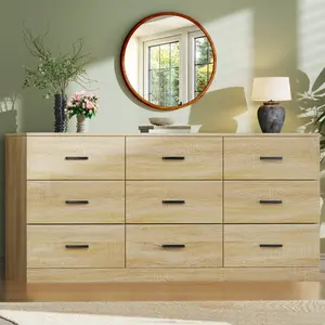 Dresser for Bedroom with 9 Drawers, 60'' Wide Mid Century Modern Dressers, Natural Wood Grain, Chests of Drawers TV Stand, Large Storage Organizer, Closet, Entryway, Natural