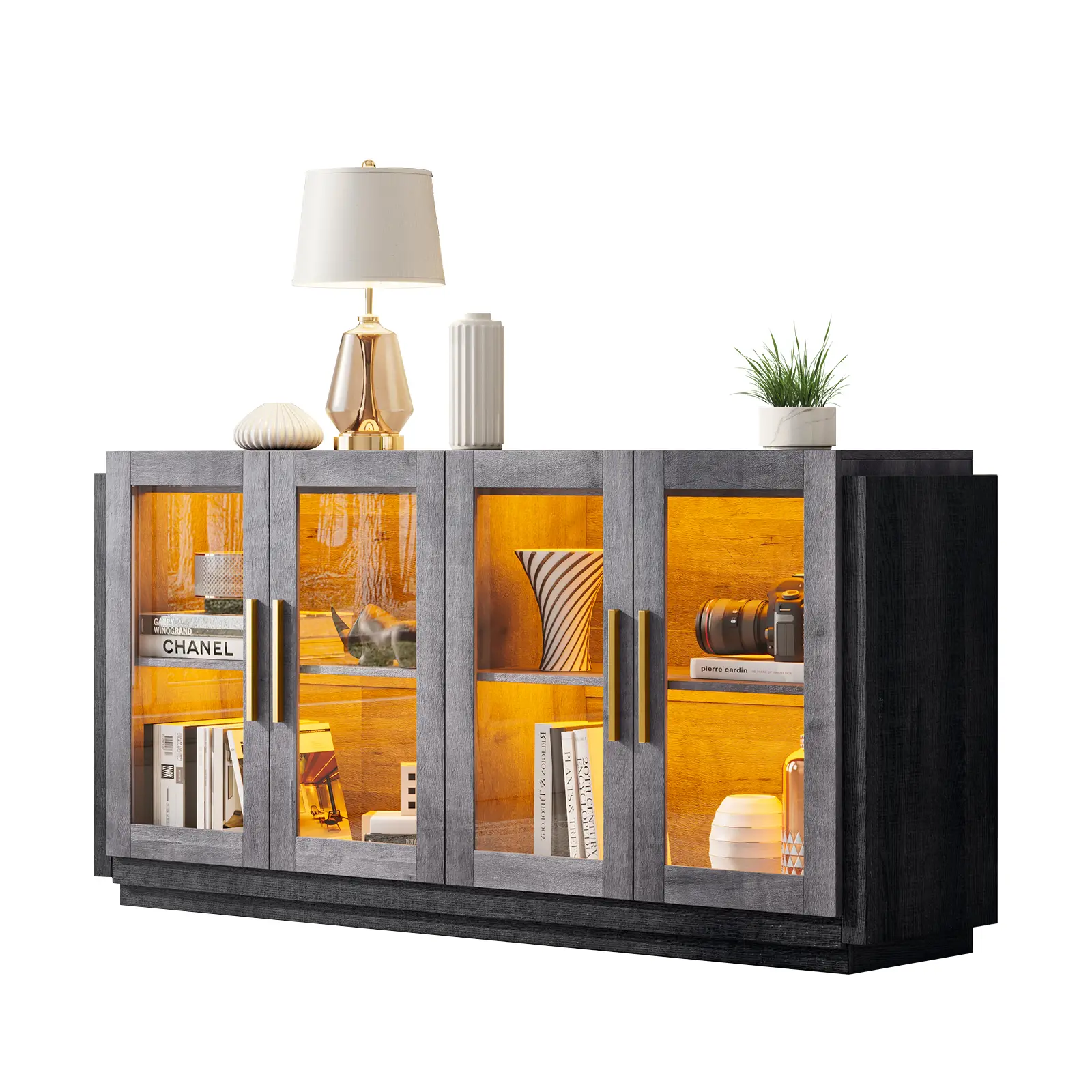 AMERLIFE Sideboard Buffet Cabinet with Storage, 64" Kitchen Sideboard with LED Light, Modern Wood Glass-Buffet Cabinet for Dinning Room