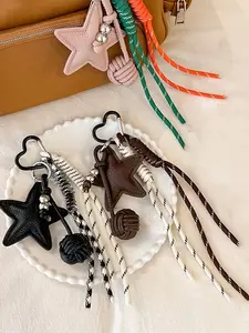 Color-Blocked Five-Pointed Star Woven Keychain, Sweet And Cool Star Leather Pendant, Vibrant Color-Blocked Braided Cord, Packaging Accessory, Delicate Everyday Match, Keychain Strap, Keychain Bag Pendant