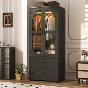 Tall Farmhouse Arched Wardrobe with LED Lighting, 72" Freestanding Clothing Storage Cabinet with Glass Doors for Bedroom