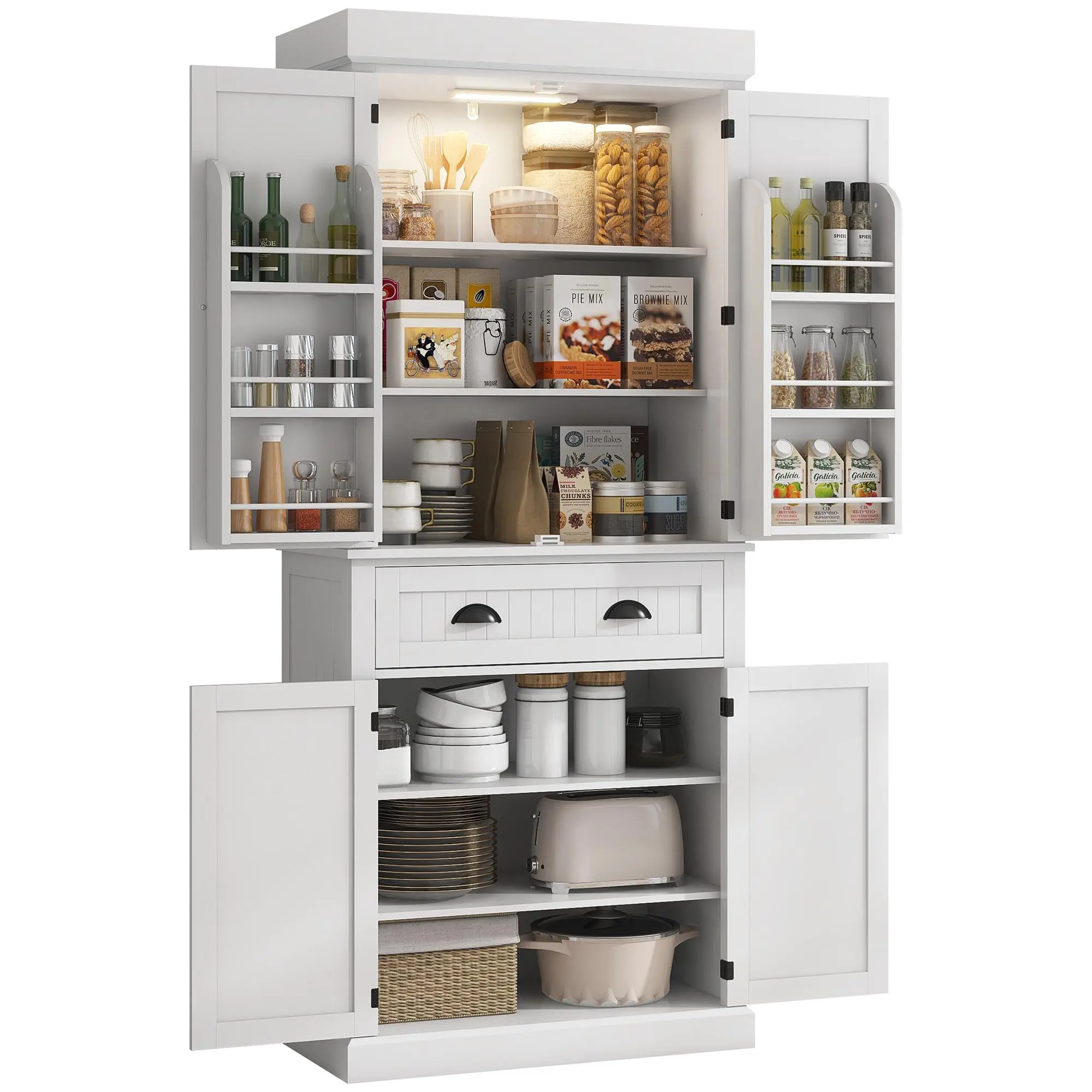 HOMCOM 71" Gray Tall Floor-Mounted Kitchen Pantry Cabinet - Locking, Drawer, Adjustable & Compartment Floor Cabinets with LED Motion Sensor Light, 6 Door Shelves for Living & Dining Rooms, Floor-Mounted Floor Cabinets