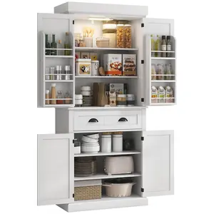 HOMCOM 71" Gray Tall Kitchen Pantry Cabinet with LED Motion Sensor Light, 6 Door Shelves, Drawer and Adjustable Shelves for Living & Dining Rooms