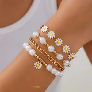 OvalletOoh 4Pcs Daisy & Pearl Stackable Bracelet Set - Cute Zinc Alloy Jewelry for Women