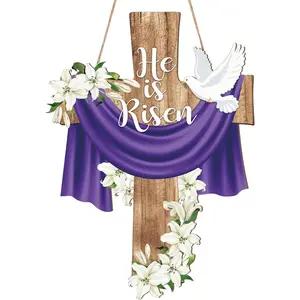 He is Risen Easter Decoration Wood Door Wall Signs, Wooden Wreaths Front Door Sign Cross Sign Christian Jesus Lily Flowers Ornaments Hanging Crafts for Spring Home Farmhouse Party Porch Wall Decor