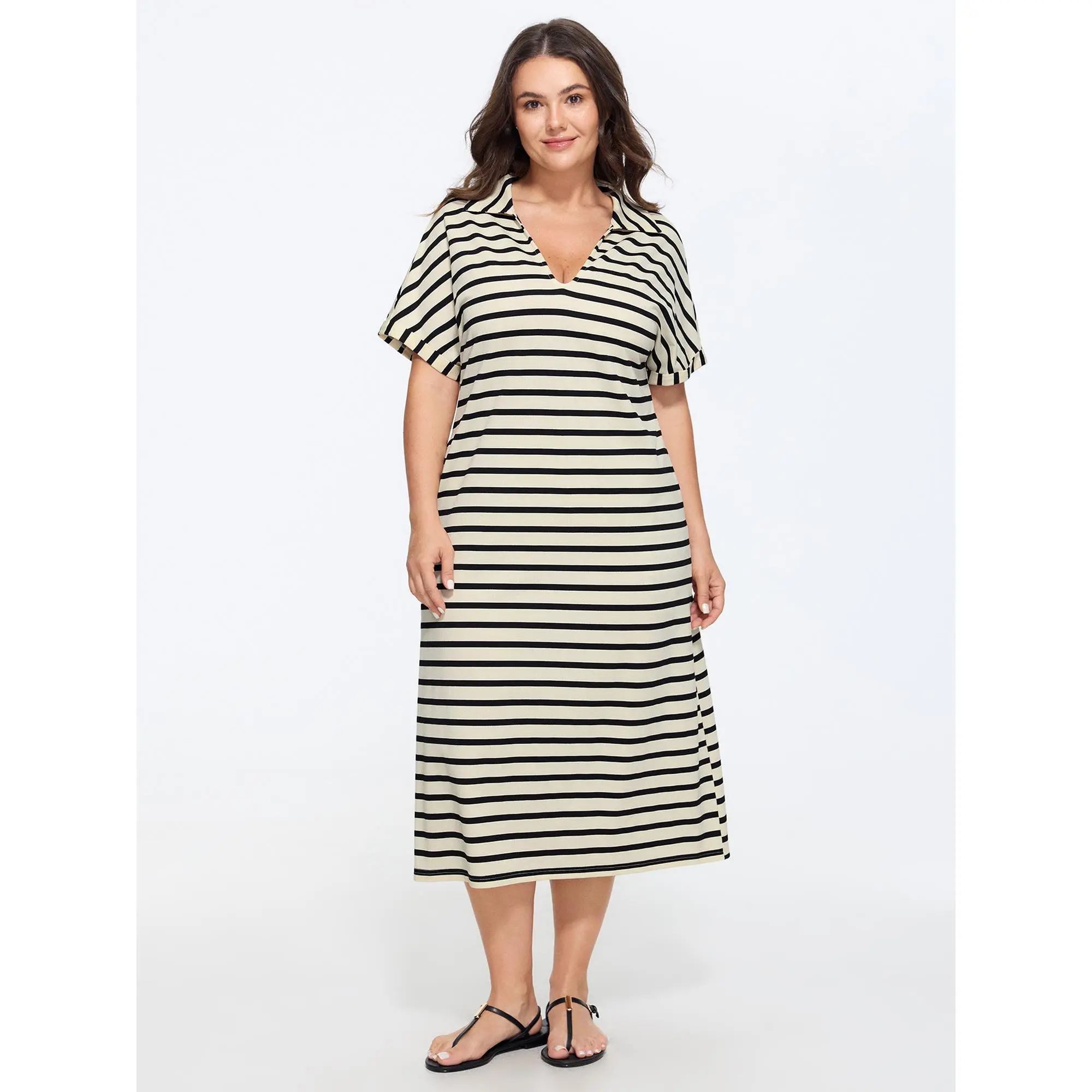 BloomChic Plus Size Stretchy Striped Print Collared Midi Dress[M-6X]2026 Summeroutfits,Summerfinds