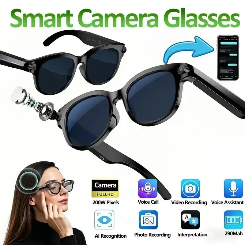 AI Smart Camera Glasses with HD Camera, Open Earphones, Color-Changing Alternative Lenses，rReal Time Translation ,Vioce Assistant, Bluetooth Call and Music, Best Accompany for Everyday and Gift Choice, Multifunctional Smart Glasses