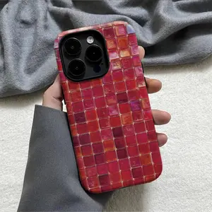 Phone Case: Vintage Red Square Pattern Design For iPhone 17 PRO MAX and iPhone 16 15 14 13 12 11 PRO MAX PLUS and 16E 17 AIR Series - 2-in-1 Shiny Case