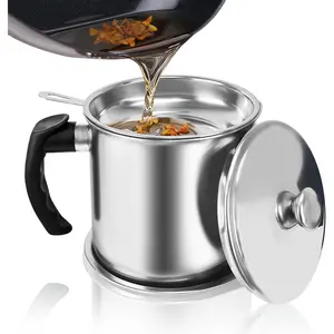 1.3L (46 fl.oz) Stainless Steel Bacon Grease Container With Strainer, Anti-slip Coaster Tray, Kitchen Oil Can for Storing Frying Meat Oil and Cooking Grease