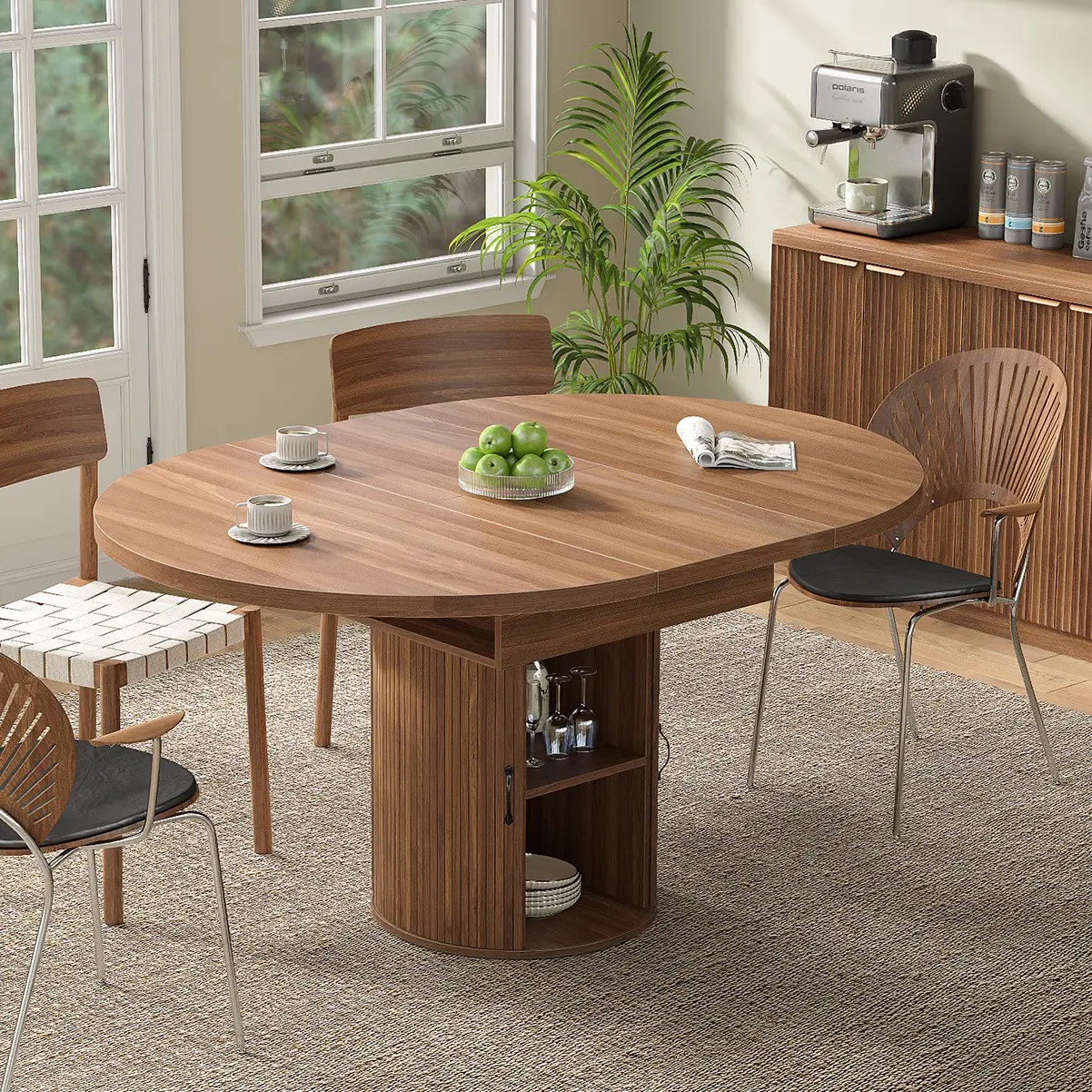 FUSOU 43'' to 59'' Extendable Round Dinning Table for 4-6-8, Dinning Room Kitchen Table with Storage, 43''-59'' Oval Circle Dinner Table with Wood Silde Door for Kitchen, Dining Room, Apartment, Walnut,Deals For You Days