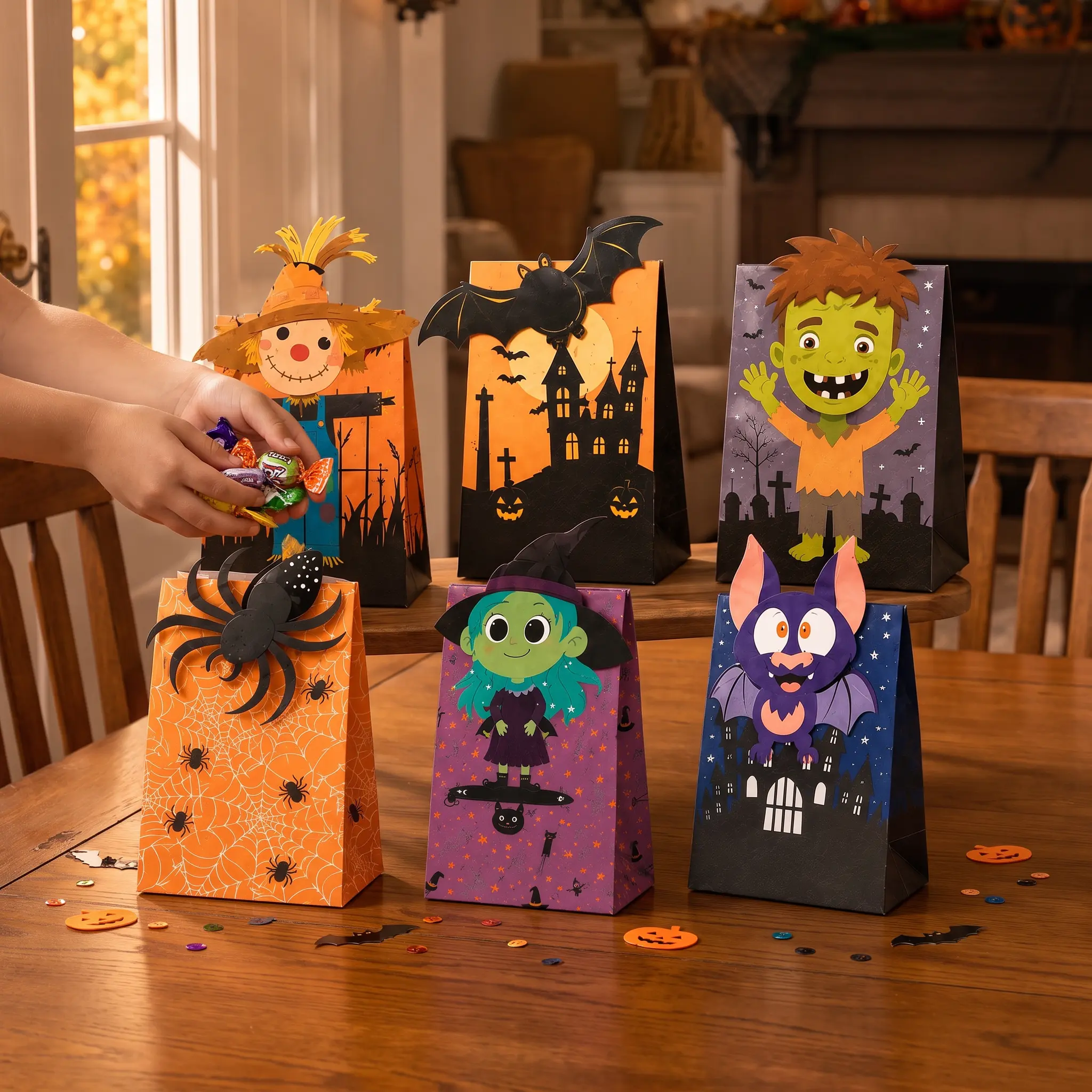24 Pack Halloween Treat Bags with Stickers – Mini Goodie Bags for Candy, Trick or Treat Parties, Halloween Classroom Events and Kids Gifts