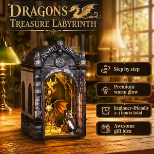 NOANTA DIY Wooden Book Nook Kit, Fantasy Dragon Bookstore Miniature House Model Kit, 3D Wooden Puzzle with Dragon Figurines and Torch Accessories, Desktop Bookshelf Decor Gift for Adults Book Lovers